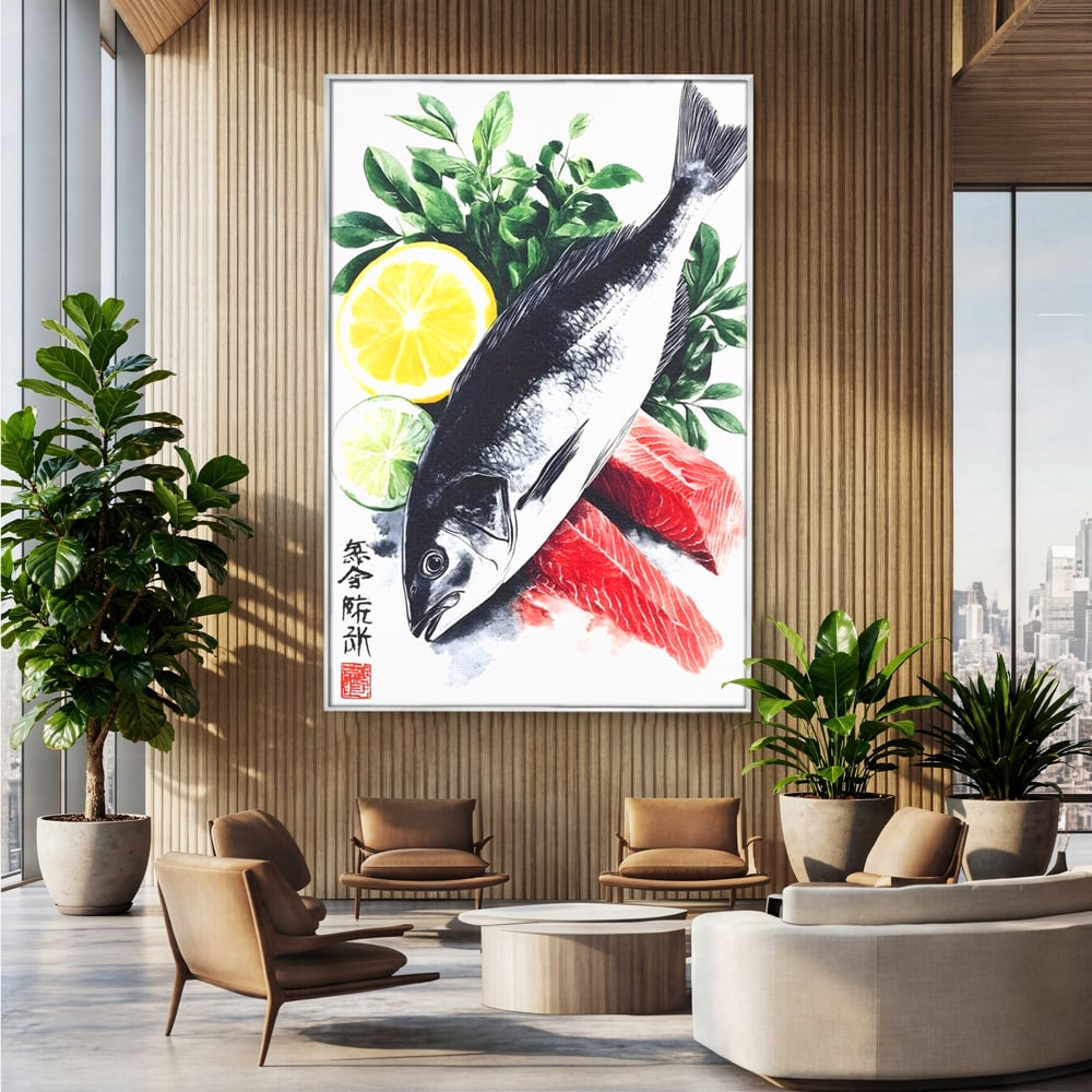 Tablou canvas cu ilustratie cu peste intreg si fileuri, in rama de aluminiu argintiu, pe perete intr-un birou